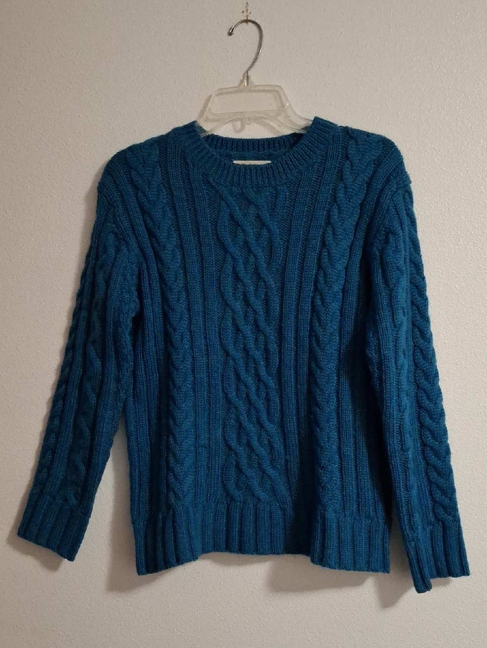 Woolovers 100% Pure Wool Aran Crewneck Teal Cable Knit Sweater
